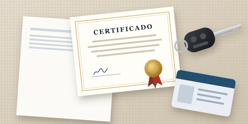 Llave de coche, certificado con sello y documentos